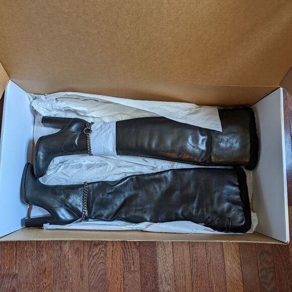 NWT Dundas x Revolve black leather shearling lace up thigh high Kate boots - Picture 3 of 9